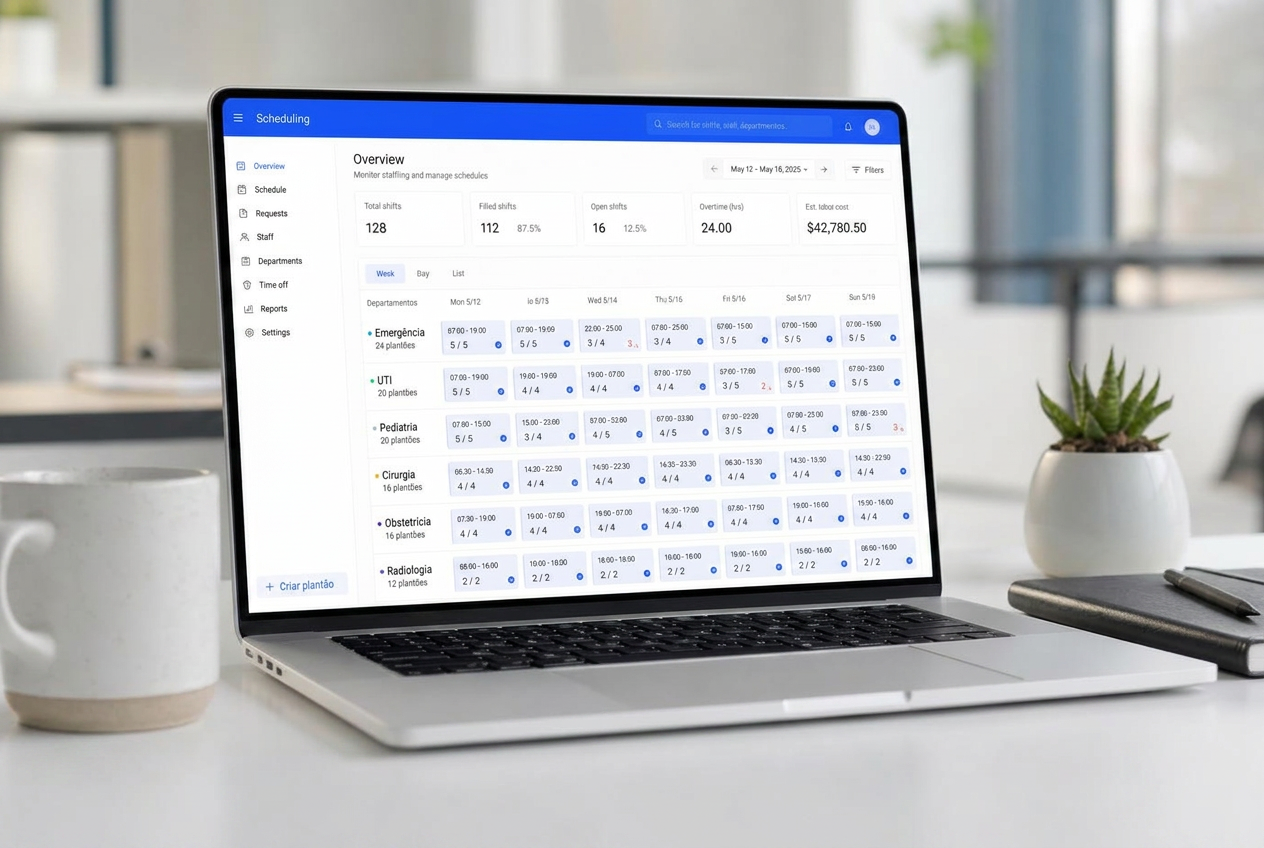 Painel semanal de escalas Medflow em laptop